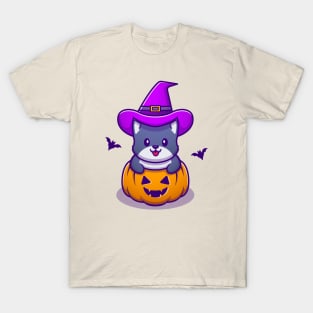 Cute Witch Cat With Pumpkin Halloween T-Shirt